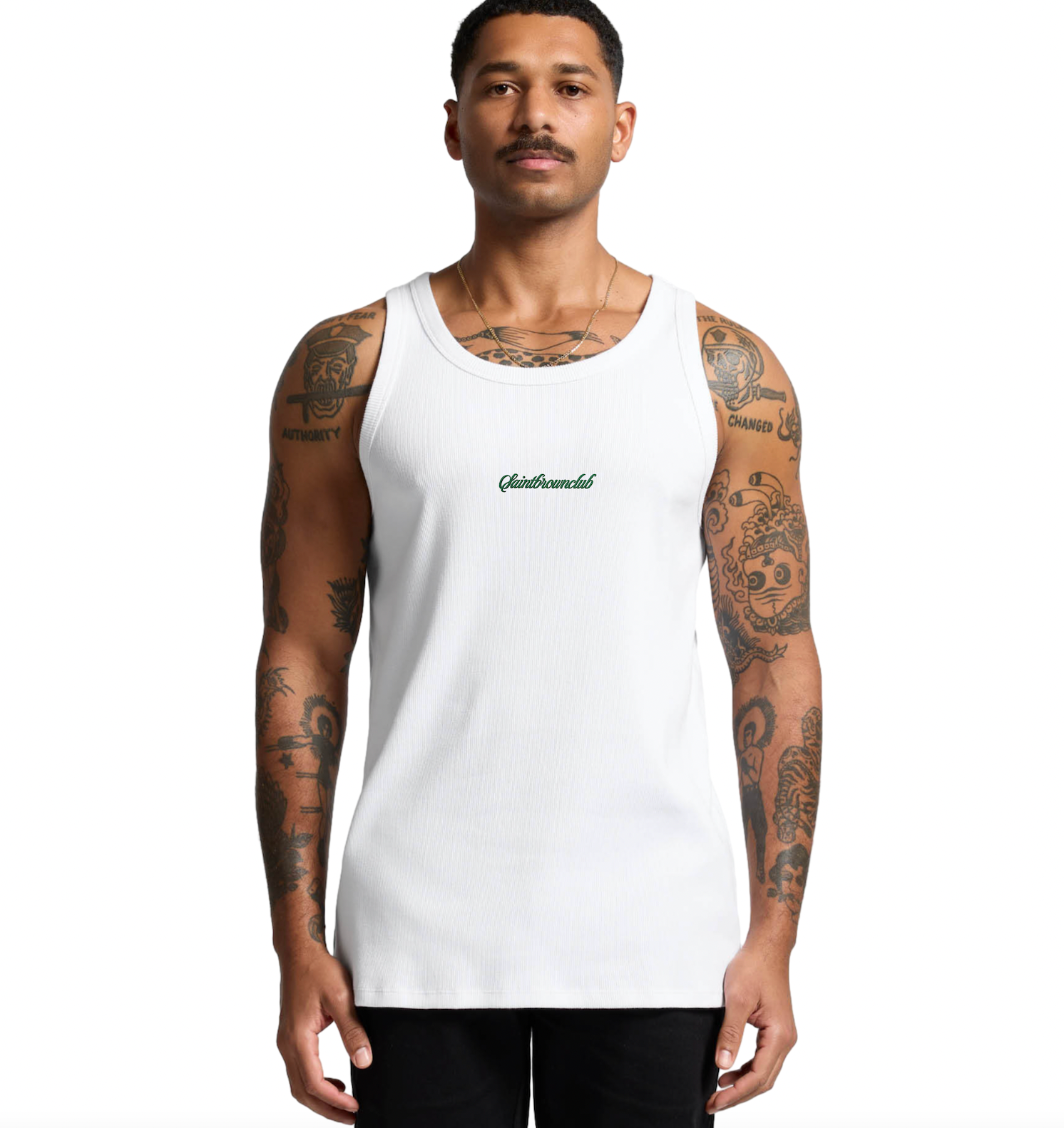 Men’s Heavy Organic Rib Crop Tank – White w/ Forest Green Embroidered Logo image 0