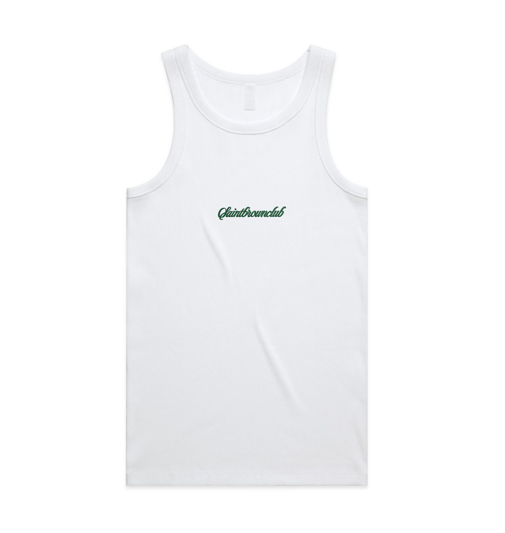 Men’s Heavy Organic Rib Crop Tank – White w/ Forest Green Embroidered Logo image 3